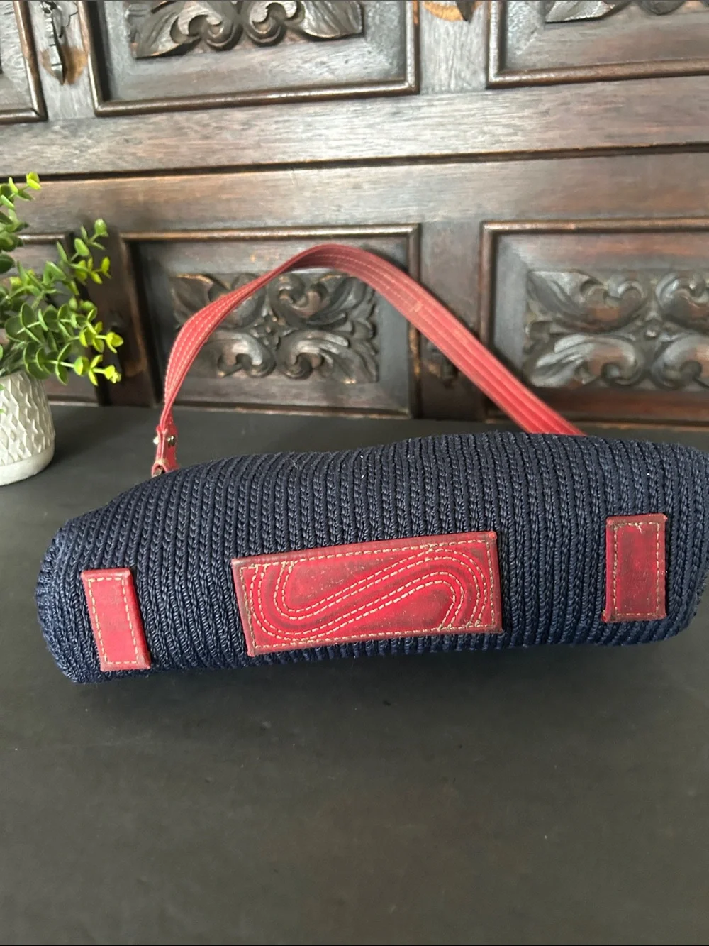 The Sak Navy Blue Crochet Woven Shoulder Bag with Red Trim